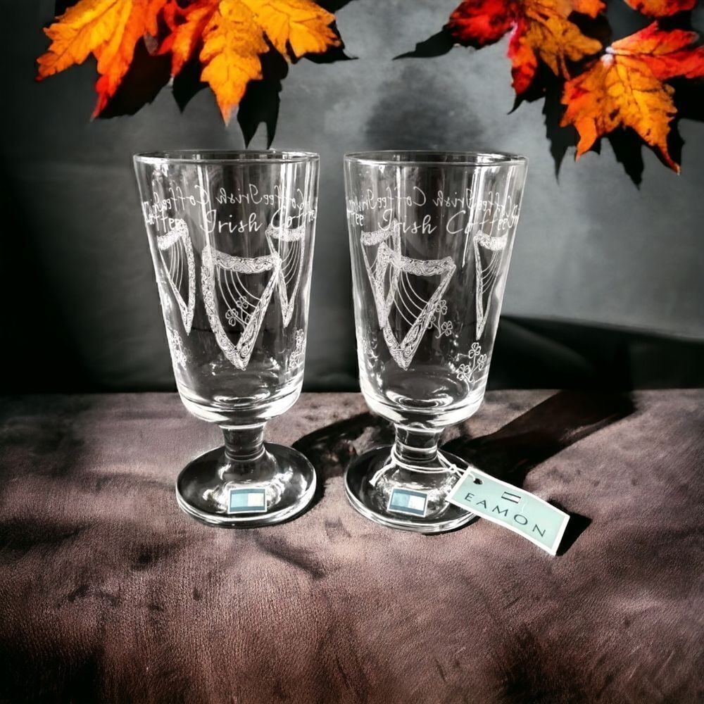 Eamon Irish‎ Coffee Glass Set Pair Stemmed Etched Harp Shamrocks Hand Etched.